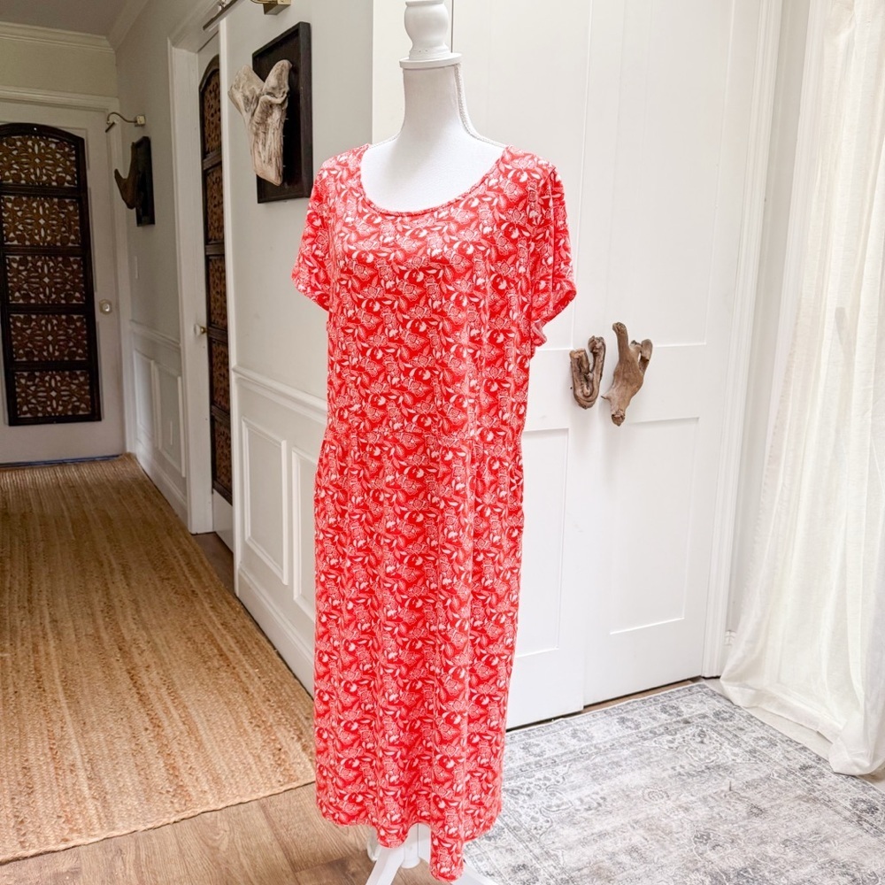 Boden Phoebe Cotton Orange Floral Jersey Midi Shift Dress Pockets‎ Tall 16/18L